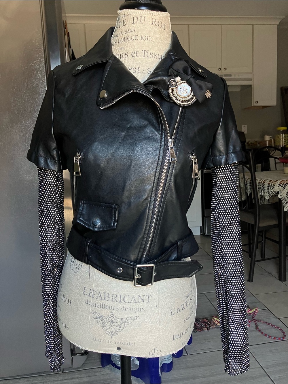 Michele Black Short-Sleeve Faux Leather Moto Jacket with Embellished Brooch